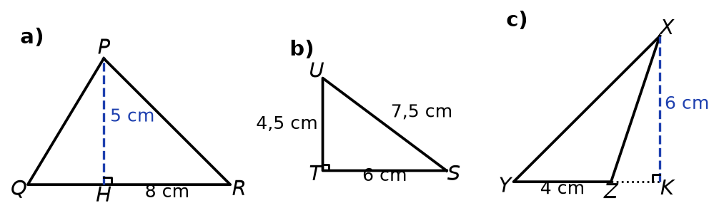 Triangles PQR (base 8 cm, hauteur 5 cm), STU rectangle en T (6 ; 4,5 ; 7,5 cm) et XYZ obtus (base 4 cm, hauteur extérieure 6 cm)
