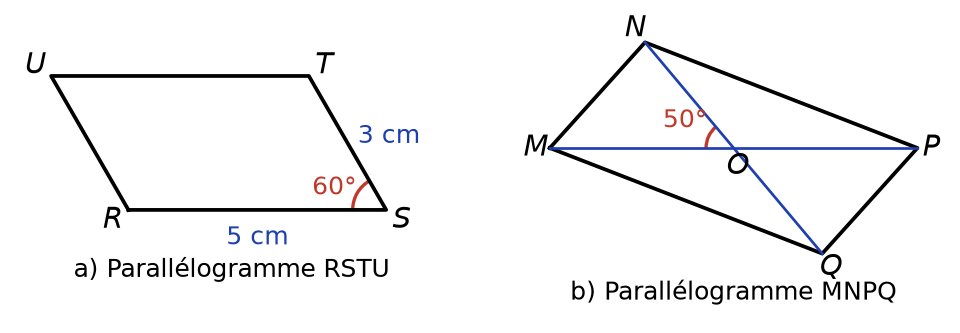 Figures corrigées réduites : parallélogramme RSTU avec RS = 5 cm, ST = 3 cm, angle de 60 degrés en S, et parallélogramme MNPQ de centre O