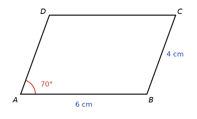 Parallélogramme ABCD avec AB = 6 cm, BC = 4 cm et un angle de 70 degrés marqué en A