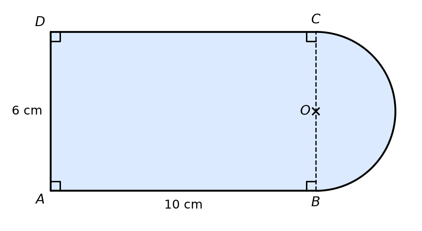 Rectangle ABCD de 10 cm sur 6 cm prolongé à droite par un demi-disque de diamètre BC et de centre O