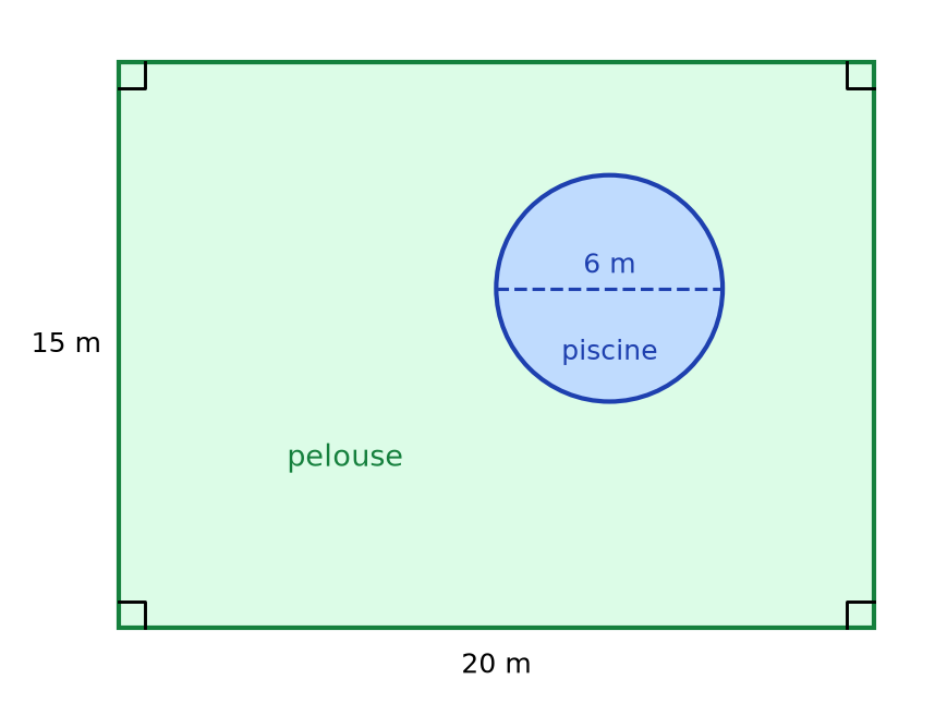 Jardin rectangulaire de 20 m sur 15 m en vert avec une piscine ronde de 6 m de diamètre en bleu