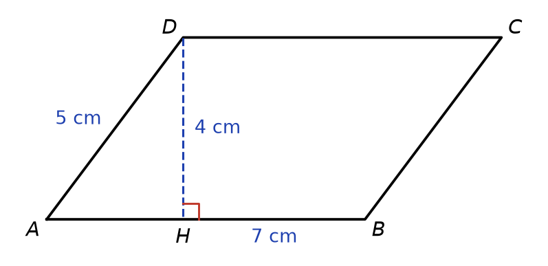 Parallélogramme ABCD avec AB = 7 cm, AD = 5 cm et la hauteur DH = 4 cm en pointillés, perpendiculaire à AB
