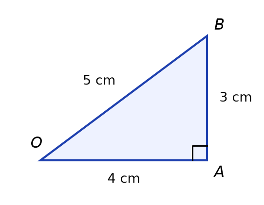 Triangle OAB rectangle en A, avec OA = 4 cm, AB = 3 cm et OB = 5 cm