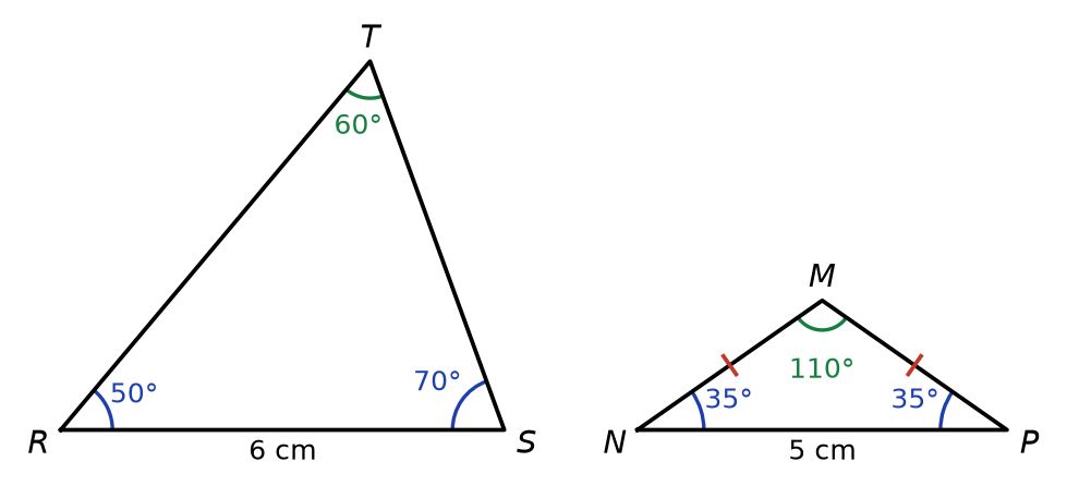 Triangle RST avec RS de 6 cm et angles de 50, 70 et 60 degrés ; triangle MNP isocèle en M avec NP de 5 cm et angles de 35, 35 et 110 degrés