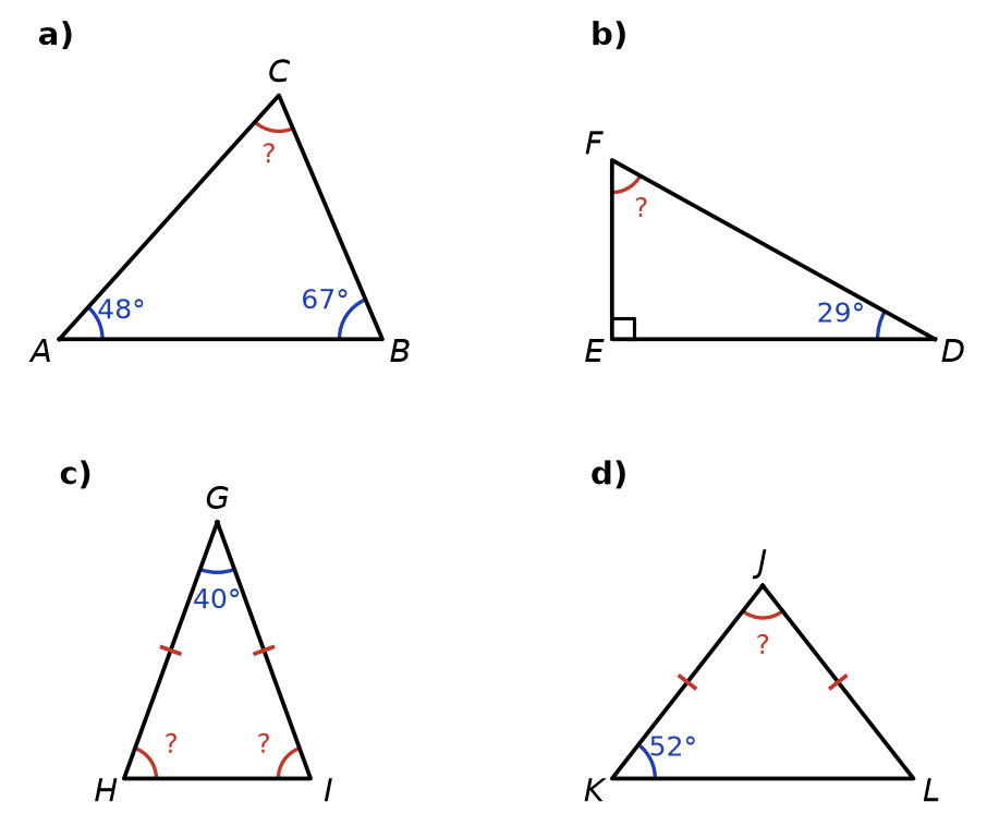 Quatre triangles codés : ABC avec angles de 48 et 67 degrés, DEF rectangle en E avec 29 degrés, GHI isocèle en G avec 40 degrés, JKL isocèle en J avec 52 degrés
