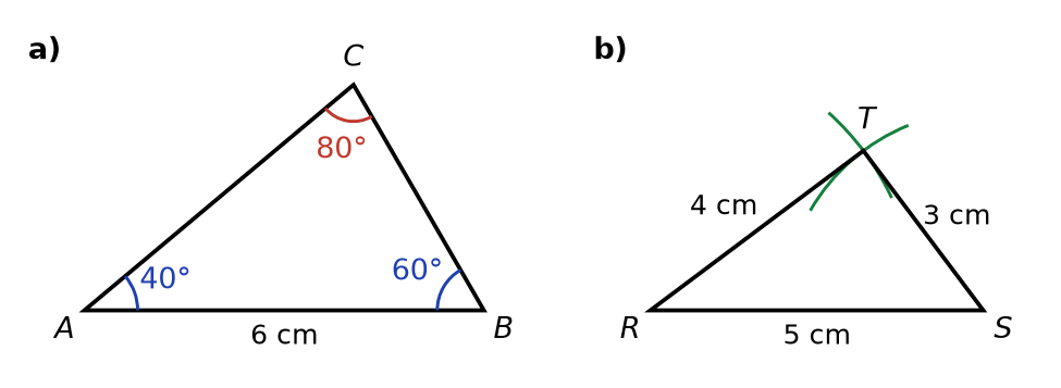 Triangle ABC avec AB = 6 cm et angles 40°, 60°, 80° ; triangle RST de côtés 5, 4, 3 cm