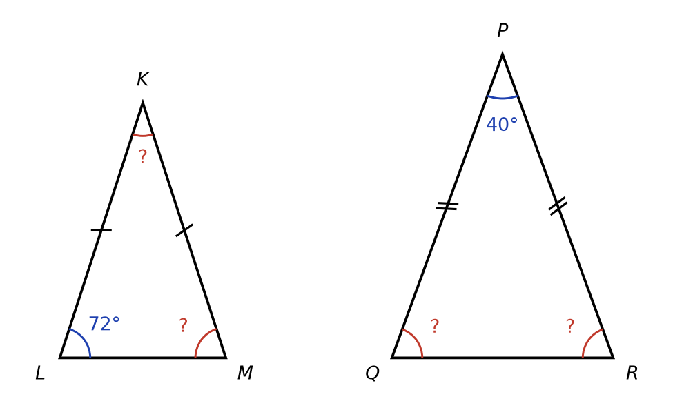 Triangle KLM isocèle en K avec un angle de 72° en L, et triangle PQR isocèle en P avec un angle de 40° en P