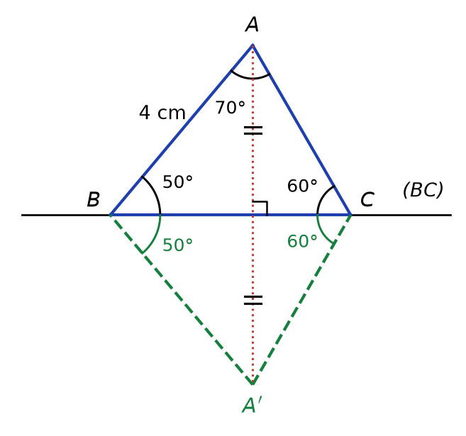 Triangle ABC et son symétrique AʹBC par rapport à (BC), angles 50° et 60° reportés, segment AAʹ perpendiculaire à (BC) et coupé en son milieu