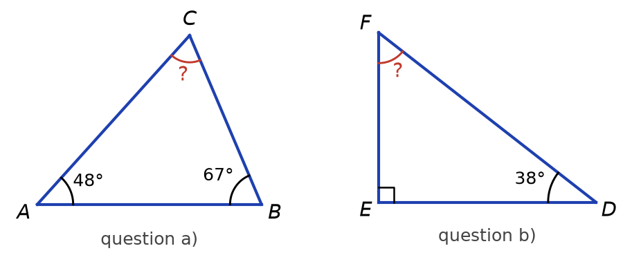 Triangle ABC avec les angles 48° en A et 67° en B, et triangle DEF rectangle en E avec 38° en D