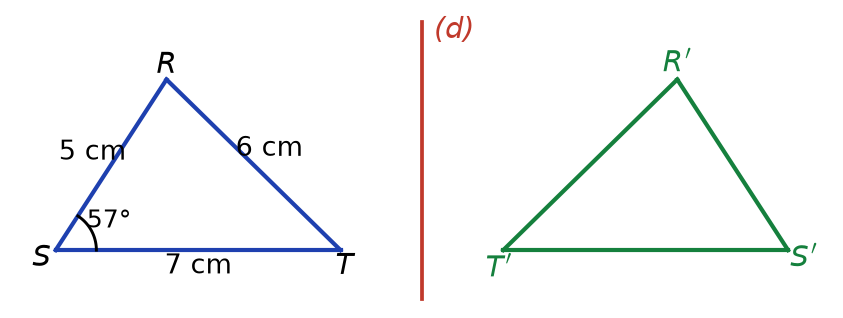 Triangle RST de côtés 5, 7 et 6 cm avec un angle de 57° en S, et son symétrique vert RʹSʹTʹ par rapport à la droite (d)