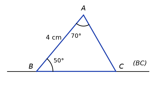 Triangle ABC posé sur la droite (BC), avec AB de 4 cm, un angle de 70° en A et de 50° en B