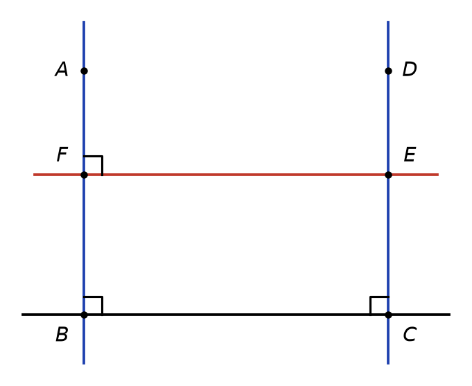 Droites (AB) et (CD) perpendiculaires à (BC) en B et en C ; droite (EF) perpendiculaire à (AB) en F, avec E sur (CD)