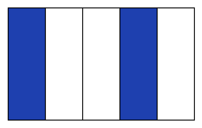 Drapeau rectangulaire partagé en 5 bandes verticales égales, la première et la quatrième bleues, les trois autres blanches