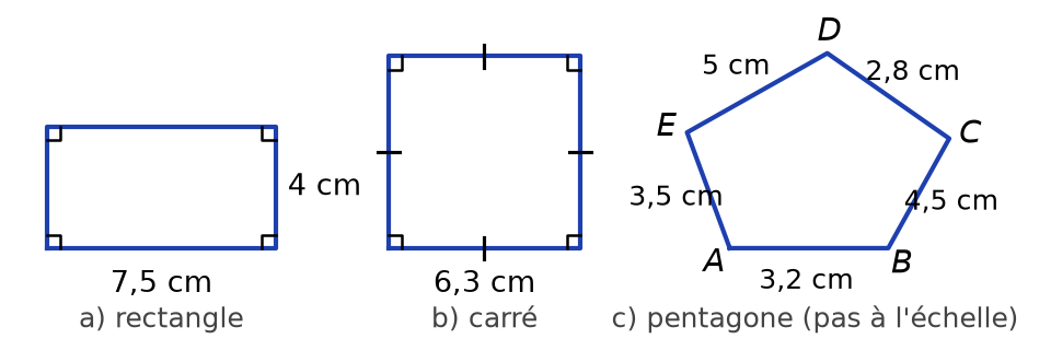 Rectangle de 7,5 cm sur 4 cm, carré codé de côté 6,3 cm et pentagone ABCDE aux côtés 3,2 ; 4,5 ; 2,8 ; 5 et 3,5 cm