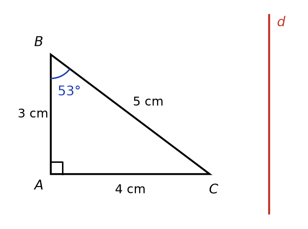 Triangle ABC rectangle en A, côtés 3, 4 et 5 cm, angle de 53° en B, droite d à droite