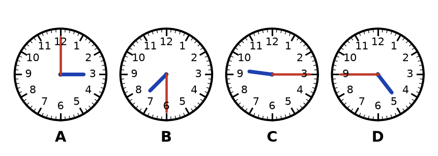 Quatre horloges à aiguilles notées A, B, C et D, indiquant 3 h, 7 h 30, 9 h 15 et 4 h 45