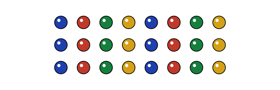 Vingt-quatre billes de couleur rangées en trois rangées de huit