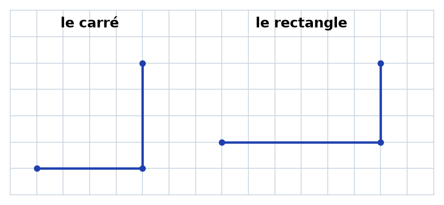 Quadrillage : à gauche deux côtés de 4 carreaux d'un carré, à droite un côté de 6 carreaux et un côté de 3 carreaux d'un rectangle