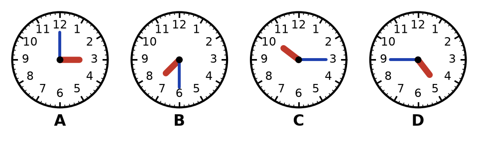 Quatre horloges à aiguilles A, B, C et D indiquant 3 h, 7 h et demie, 10 h et quart et 5 h moins le quart