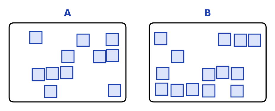 Deux cadres de cubes posés en désordre : le cadre A contient 11 cubes, le cadre B contient 14 cubes