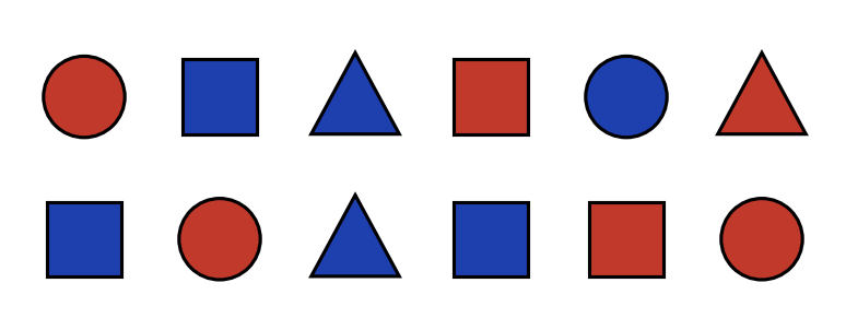 Douze formes : ronds, carrés et triangles, rouges ou bleus, rangées sur deux lignes de six