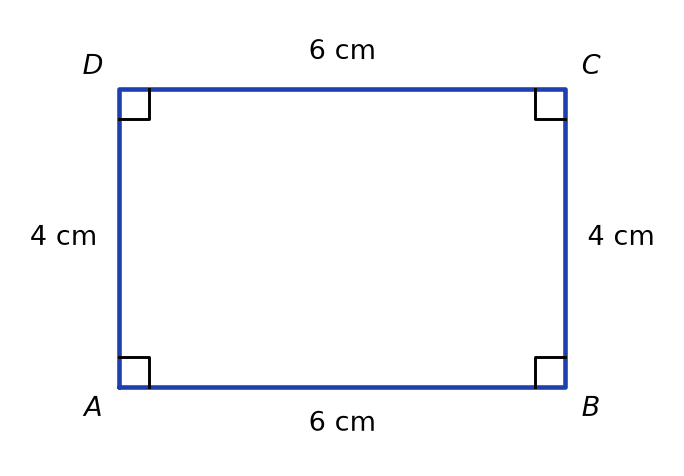 Rectangle ABCD tracé en bleu avec AB et DC de 6 cm, BC et AD de 4 cm, et quatre angles droits codés