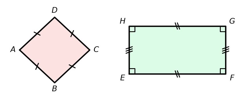 Quadrilatère ABCD avec quatre côtés codés par le même petit trait, et quadrilatère EFGH avec quatre angles droits et côtés opposés codés