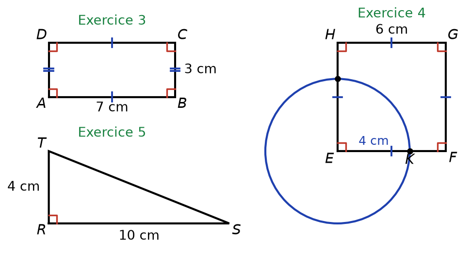 Figures attendues : rectangle ABCD de 7 cm sur 3 cm codé, carré EFGH de 6 cm avec cercle de centre E de rayon 4 cm, triangle RST rectangle en R