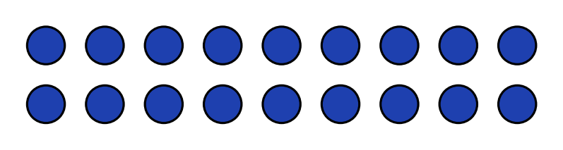 Dix-huit billes bleues rangées sur deux rangées de neuf billes chacune