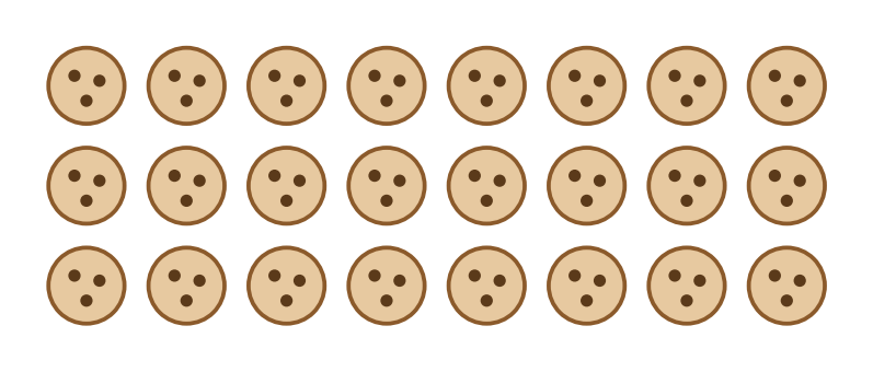 Vingt-quatre biscuits ronds rangés en huit colonnes de trois