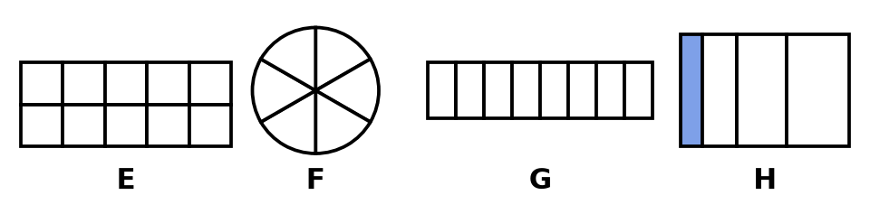 Rectangle E de 10 carreaux, disque F en 6 parts, bande G en 8 parts, rectangle H en 4 parts inégales dont une coloriée