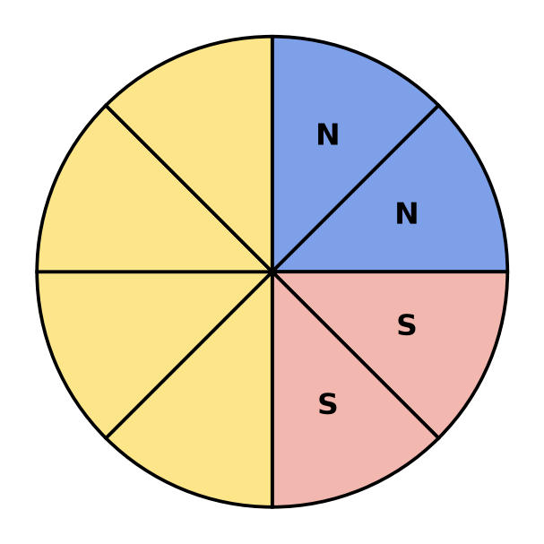 Pizza ronde coupée en 8 parts égales : 2 parts bleues marquées N, 2 parts roses marquées S, 4 parts jaunes restantes