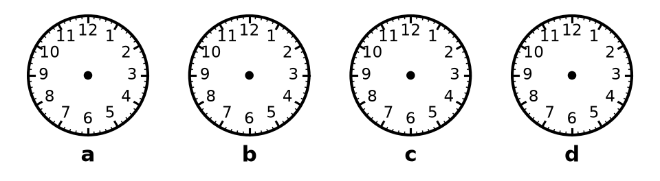 Quatre horloges a, b, c et d sans aiguilles, avec les nombres de 1 à 12 et les graduations des minutes