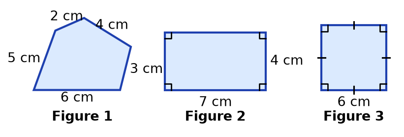 Pentagone de côtés 6, 3, 4, 2 et 5 cm ; rectangle de 7 cm sur 4 cm ; carré de 6 cm de côté