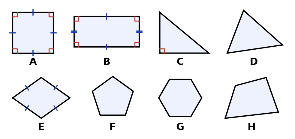 Huit figures lettrées de A à H, à trois, quatre, cinq et six côtés, avec codages des angles droits et des côtés égaux