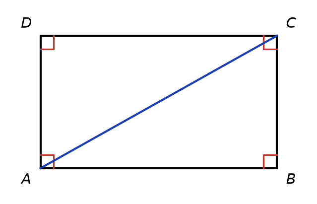 Rectangle ABCD avec ses quatre angles droits codés et le segment bleu qui joint A et C