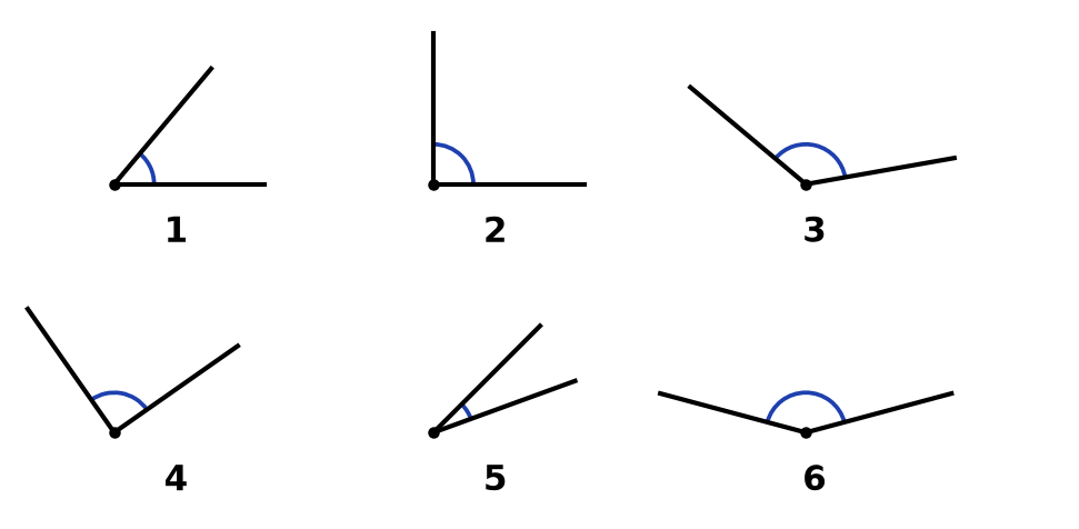 Six angles numérotés de 1 à 6, chacun formé de deux demi-droites et marqué d'un arc bleu