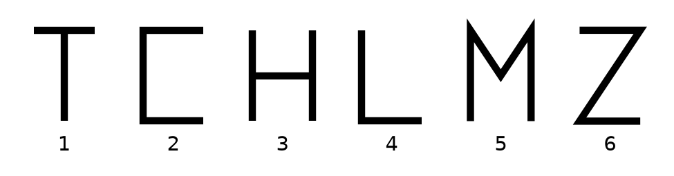 Six lettres majuscules numérotées de 1 à 6 : T, C, H, L, M et Z, tracées en traits épais