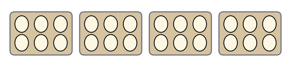 Quatre boîtes d'œufs identiques, chacune contient six œufs rangés en deux lignes de trois