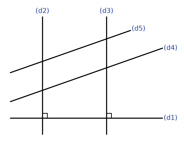 Cinq droites : (d1) horizontale, (d2) et (d3) verticales avec un angle droit codé sur (d1), (d4) et (d5) obliques