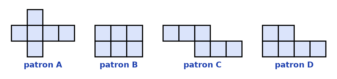 Quatre assemblages de six carrés nommés A, B, C et D : une croix, un rectangle de deux rangées de trois, un escalier et une bande de quatre avec deux carrés au-dessus