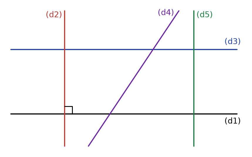 Cinq droites : (d1) et (d3) horizontales, (d2) et (d5) verticales, (d4) oblique ; un angle droit codé entre (d1) et (d2)