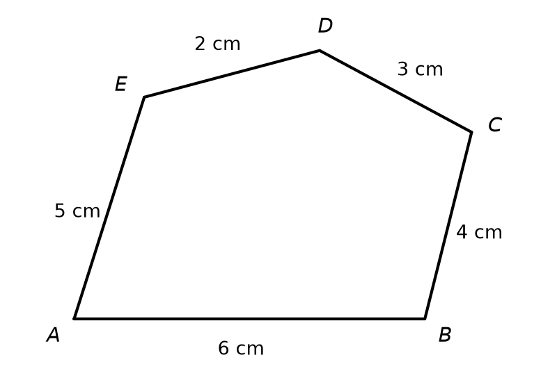 Pentagone ABCDE avec AB = 6 cm, BC = 4 cm, CD = 3 cm, DE = 2 cm et EA = 5 cm