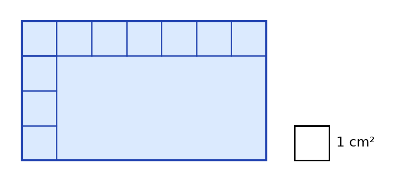 Rectangle dont seules la première rangée de 7 carreaux et la première colonne de 4 carreaux sont dessinées, et un carreau de 1 cm²