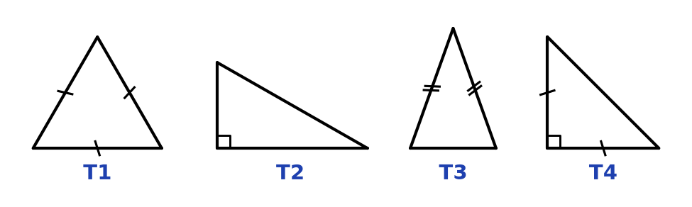 Quatre triangles codés : T1 avec trois côtés codés égaux, T2 avec un angle droit, T3 avec deux côtés codés égaux, T4 avec un angle droit et deux côtés égaux