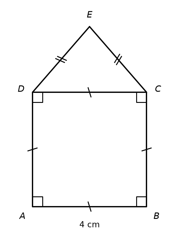 Carré ABCD de 4 cm de côté avec angles droits codés, surmonté du triangle DCE dont les côtés ED et EC sont codés égaux