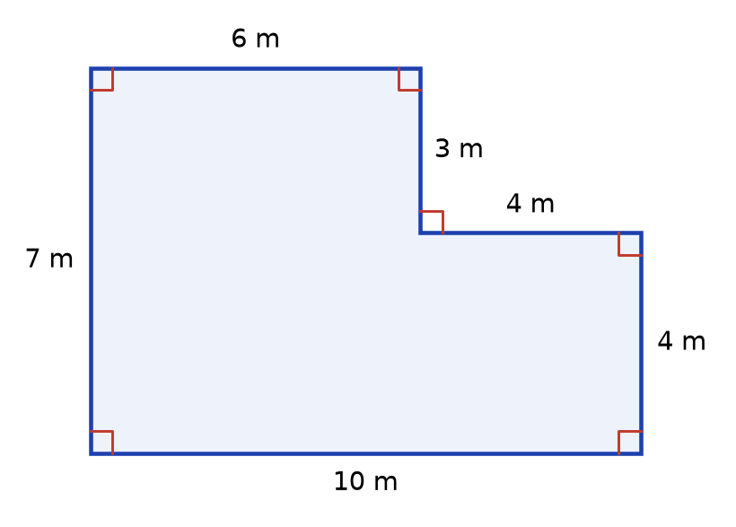 Plan d'une salle en forme de L à angles droits, côtés de 10 m, 4 m, 4 m, 3 m, 6 m et 7 m