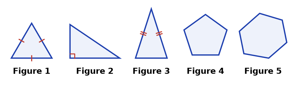 Trois triangles codés (trois côtés égaux, un angle droit, deux côtés égaux), un polygone à 5 côtés et un polygone à 6 côtés