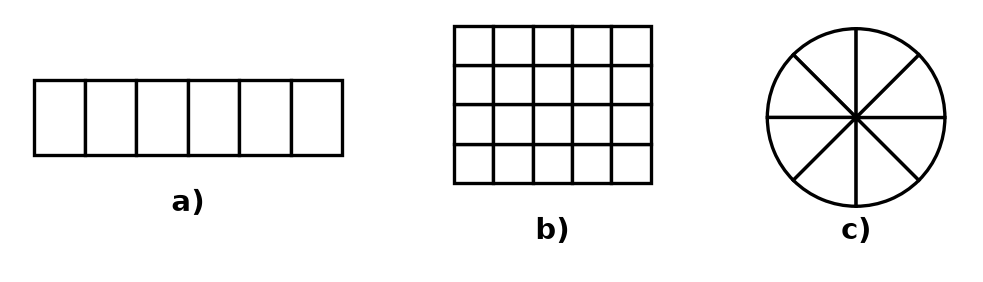 Trois figures blanches à colorier : une bande de 6 carreaux, un rectangle de 20 carreaux et un disque partagé en 8 parts égales