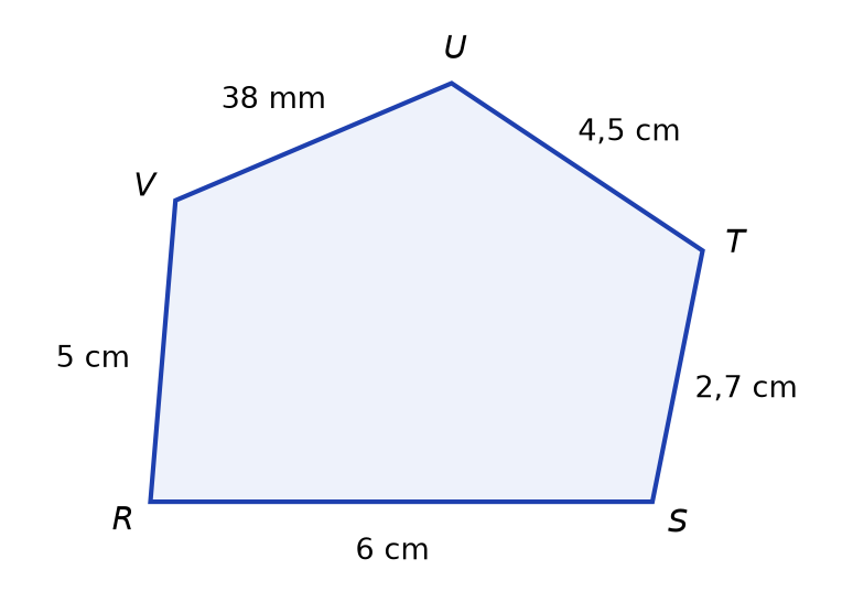 Pentagone RSTUV dont les côtés mesurent 6 cm, 2,7 cm, 4,5 cm, 38 mm et 5 cm